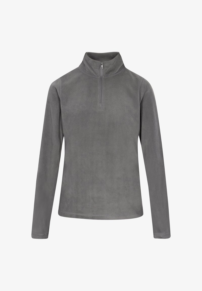 Grauer Fleece-Pullover mit hohem Kragen und Halb-Reißverschluss auf der Vorderseite. Lange Ärmel und eine glatte, strukturierte Oberfläche. Einfaches und modernes Design.