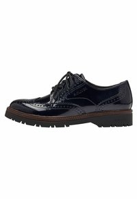 Chaussure brogue en cuir verni bleu marine avec des perforations détaillées, bout rond, lacets noirs et semelle en caoutchouc noire robuste avec des accents marron.