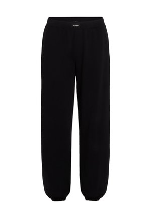 Pantaloni della tuta neri con una vestibilità rilassata, realizzati in materiale morbido, dotati di una vita elastica e di orli con polsini per comfort e libertà di movimento.