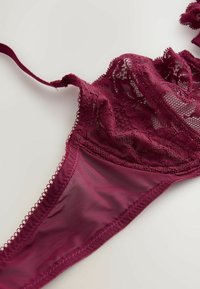 Sujetador burdeos de encaje con patrones florales, detalles de malla y una textura suave. Tirantes ajustables y bordes con forma de ondas.
