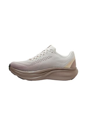 Lightweight running shoe with breathable gradient mesh upper in beige and brown, thick cushioned sole labeled "Freefoam," low-cut ankle collar.
