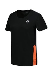 Black short-sleeve t-shirt with an orange side panel and logo on the chest. Made from soft fabric with a round neckline.