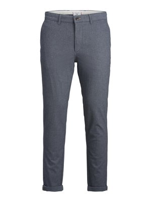 Men's tailored trousers in a dark blue herringbone pattern, featuring a button closure, sleek design, and rolled cuffs. Made from lightweight fabric.