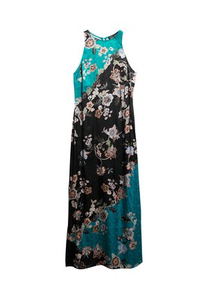 Ærmeløs kjole med et sort og tealfarvet mønster med blomsterdesigns. Fremstillet af glat stof; forlænget, svævende silhuet.