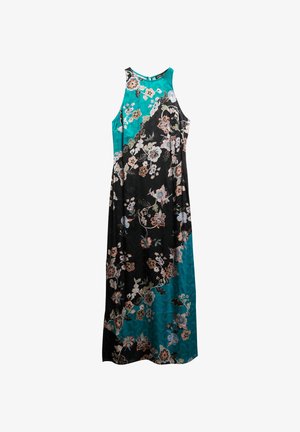 Robe sans manches avec un motif noir et turquoise ornée de designs floraux. Fabriquée en tissu lisse, elle présente une silhouette allongée et fluide.