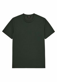 Tricou scurt cu mânecă, de culoare verde închis, cu guler rotund, confecționat dintr-un material de bumbac moale, având un design simplu, fără modele sau accente vizibile.