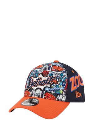 Cap featuring a multicolored graphic design with "Detroit" embroidered, orange visor, and a navy blue back panel. Includes New Era logo.