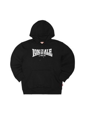 Zwarte hoodie met voorvak en wit "Lonsdale London" logo gedrukt op de borst, voorzien van trekkoorden en geribbelde boorden en zoom.
