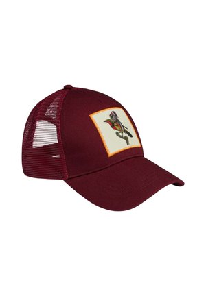 Casquette trucker en mesh rouge foncé avec une visière courbée et un patch à l'avant montrant un oiseau coloré perché sur une branche.
