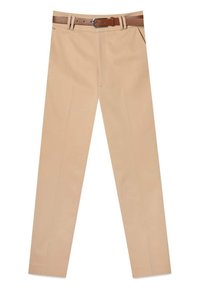 Beżowe spodnie z gładkiego materiału, o prostym kroju, z dwiema bocznymi kieszeniami oraz brązowym skórzanym paskiem z metalową klamrą w kolorze srebrnym.