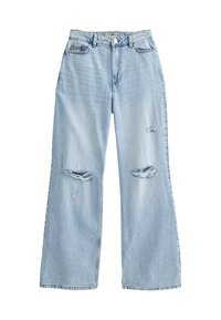 Ljusblå vida jeans i denim, med slitna hål på låren, hög midja och standard femficksdesign.