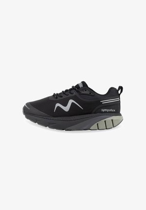 Black athletic shoes with a mesh upper, gray accents, rounded toe, and a thick outsole. Features a prominent wave design and laces.