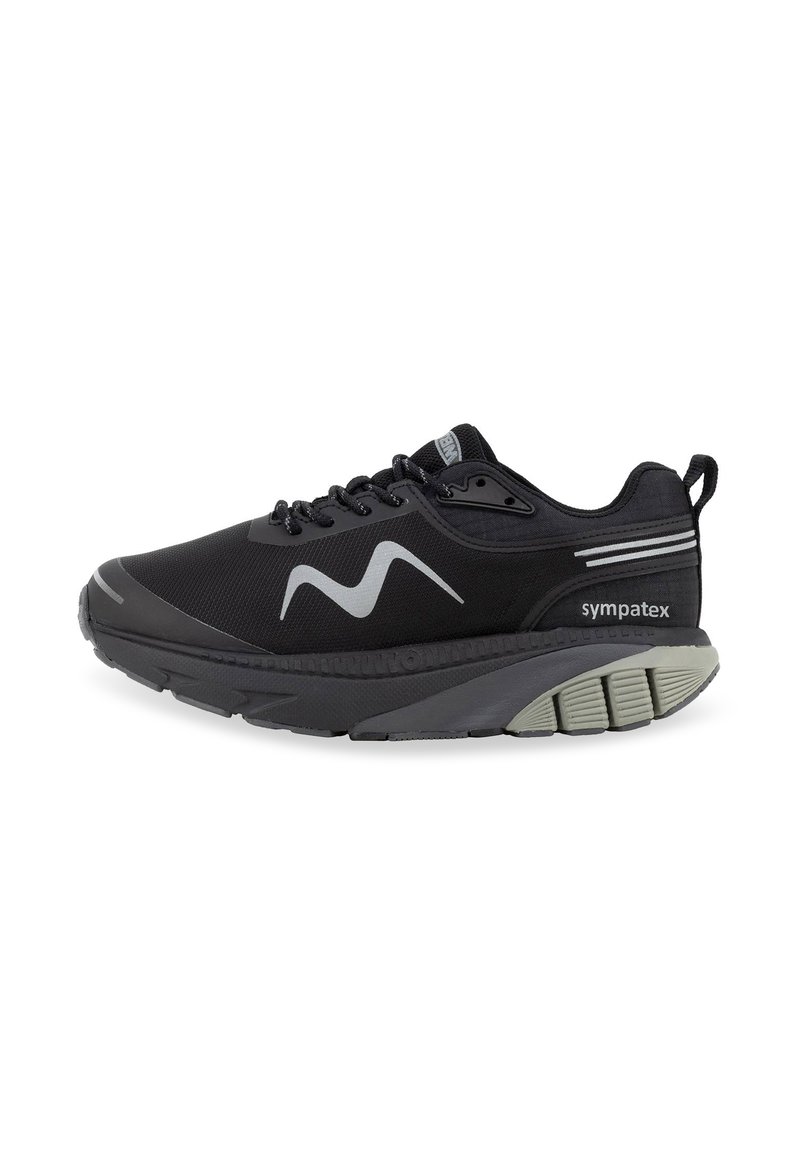 Scarpe da ginnastica nere con tomaia in rete, accenti grigi, punta arrotondata e suola spessa. Presentano un design a onde prominente e lacci.