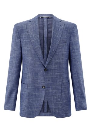 Blauer strukturierter Herrenblazer mit Kerbkragen, zwei Frontknöpfen und aufgesetzten Taschen, dargestellt auf weißem Hintergrund.