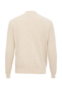 Maglione lavorato a maglia di un beige chiaro con un motivo testurizzato, polsini e orlo a coste, e una vestibilità rilassata. Nessuna chiusura o ornamento visibile.