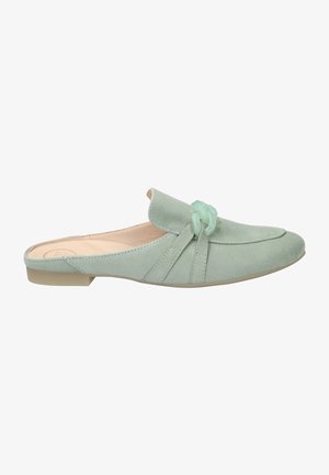 Mint green suede slip-on shoe with a rounded toe and decorative teal flower accent. Features pleated design and beige rubber sole.