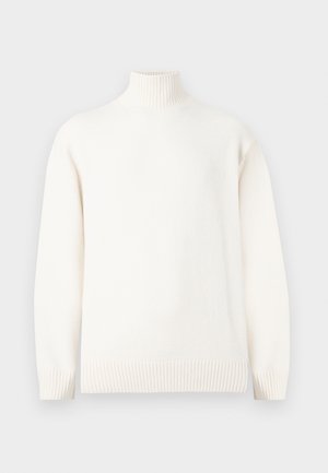 Valge kõrge kaelusega kampsun, mis on valmistatud pehmest kudumist, millel on soonikkoes mansetid ja alläär, lõdva sobivuse ja õmblusteta õlavarre disainiga.