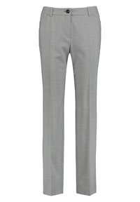 Pantalon gris sur mesure en tissu à texture subtile, doté d'une braguette zippée, d'une fermeture à bouton et de poches latérales. Coupe droite.