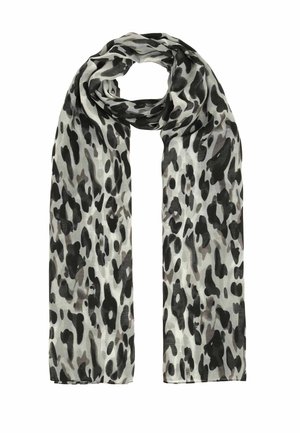 Leichter langer Schal mit schwarzem und grauem Leopardenmuster, oben in einer Schlaufe gegen weißen Hintergrund dargestellt.