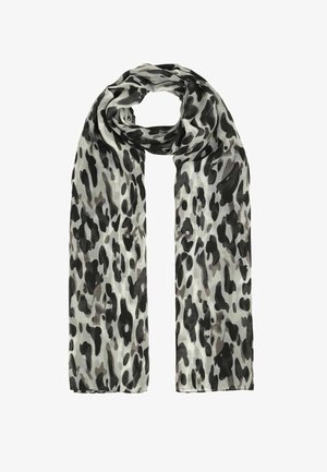 Leichter langer Schal mit schwarzem und grauem Leopardenmuster, oben in einer Schlaufe gegen weißen Hintergrund dargestellt.