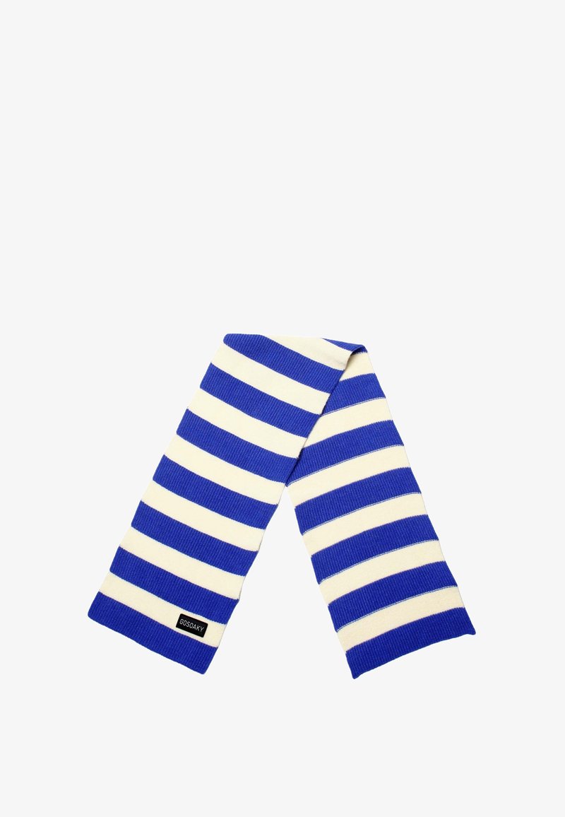 Sciarpa lavorata a maglia con strisce alternate blu e crema, caratterizzata da una morbida texture e un piccolo etichetta nera del marchio a un'estremità.