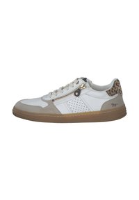 Sneakers in pelle bianche con accenti beige; presentano una zip laterale, design perforato e dettaglio in stampa leopardata sul tallone. Suola in gomma.
