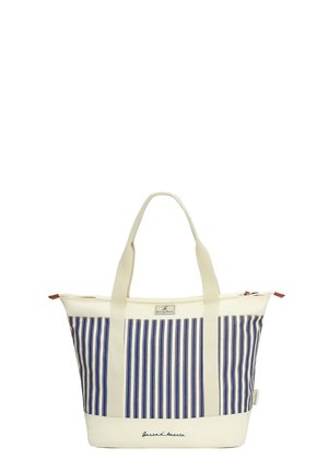 Crème- en marineblauwe gestreepte shopper met dubbele handvatten, ritssluiting en een merklabel op de voorkant en het handvat.