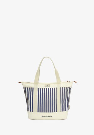 Sac fourre-tout rayé crème et bleu marine avec doubles poignées, fermeture éclair et étiquette de marque sur le devant et la poignée.