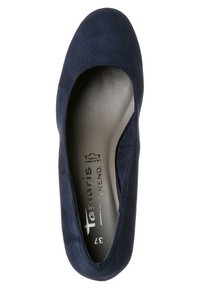 Chaussure plate pour femme bleu marine avec bout arrondi, semelle intérieure en cuir et marquage "Tamaris Trend", taille 37.