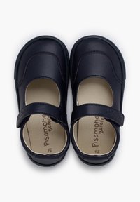 Zapatos Mary Jane de cuero azul marino con una correa de gancho y bucle, punta redondeada y suave forro interior beige. Talla 26 marcada en el interior.