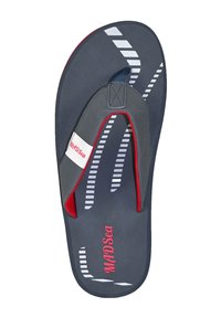 Flip-flop with a grey textured sole, red accents, and a canvas strap featuring a white logo. Includes white stripes on the footbed.