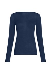 Donkerblauw, nauwsluitend T-shirt met lange mouwen en een ronde halslijn, plat weergegeven tegen een witte achtergrond.