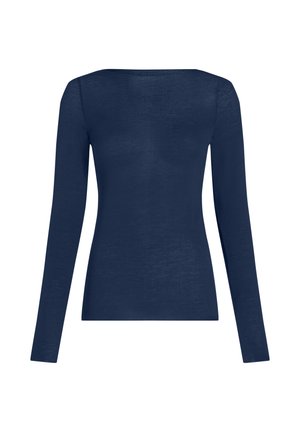 Donkerblauw, nauwsluitend T-shirt met lange mouwen en een ronde halslijn, plat weergegeven tegen een witte achtergrond.