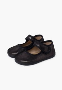 Scarpe Mary Jane nere con glitter, punta arrotondata, parte superiore in tessuto morbido, cinturino elastico e suola in gomma flessibile.