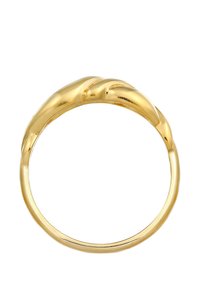 Guldring med et glat, buet design med en hævet tekstur og to markante, bølgete detaljer på ringbåndet. Enkel og elegant.