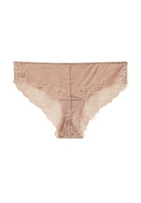 Beige spodní prádlo zdobené krajkou, s květinovými vzory, měkkou síťovinou a vlnitými okraji, s jemným a propracovaným designem.