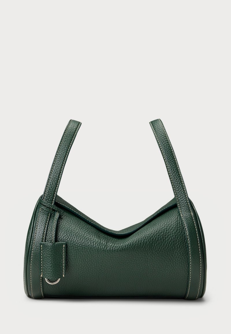 Roheline nahast käekott koonuskujundusega, kahe õlavarrega rihmaga ja valge tikandiga. Omab väikest külg sildi ja tekstureeritud pinda.