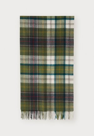 Green plaid scarf made of wool blend with white, navy, and yellow accents; features fringed edges and a soft texture.