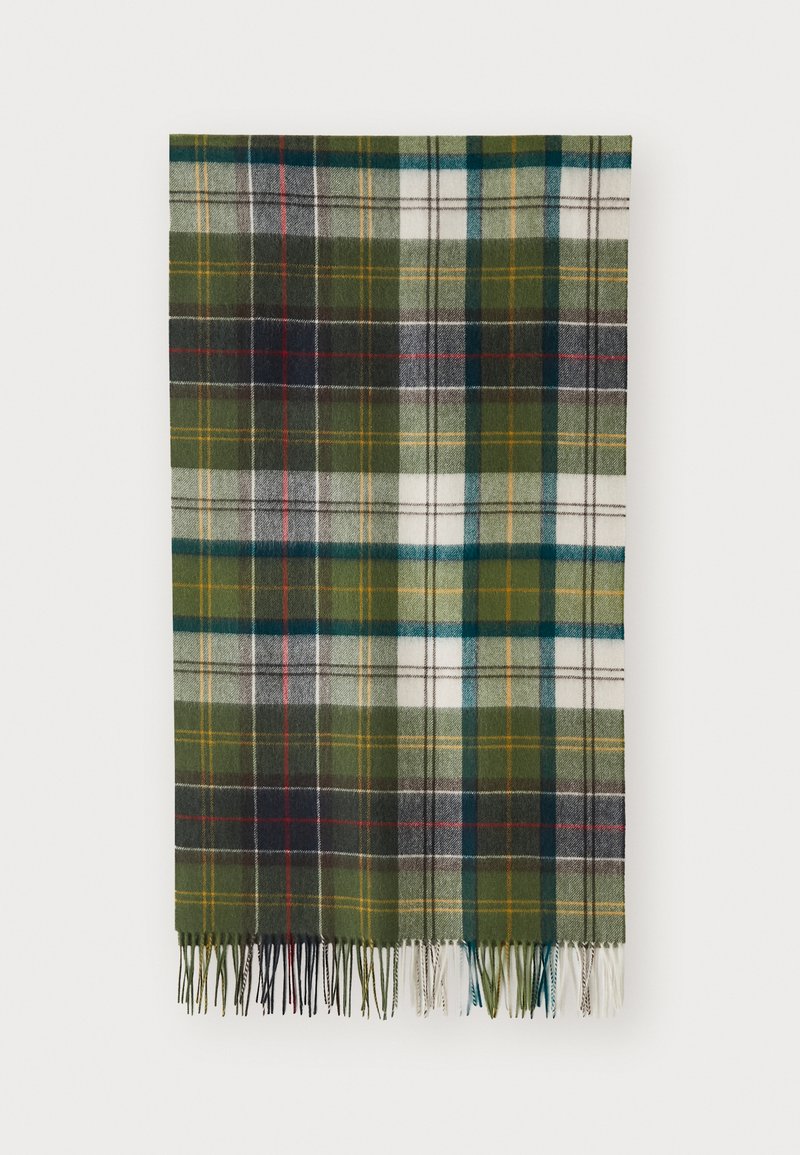 Groene geruite sjaal van een wolmix met witte, marineblauwe en gele accenten; met franjes aan de randen en een zachte textuur.
