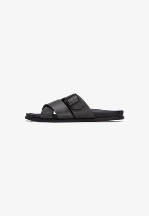Sandalias tipo slide negras hechas de cuero mate, con un diseño de tiras cruzadas, una hebilla grande ajustable y una suela plana de goma.