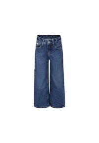 Culottes in denim blu scuro, design a gamba larga con cinque tasche, chiusura con bottone e passanti per cintura. Morbido al tatto, stile classico dei jeans.