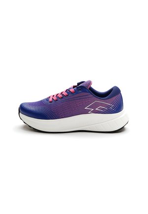 Purple athletic shoe with pink laces, textured mesh upper, white cushioning sole, and black outsole with logo detail on the side.