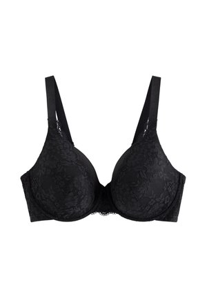 Černá krajková podprsenka s kosticemi, polstrovanými košíčky, nastavovacími ramínky a zvlněným krajkovým lemem podél okrajů. Hladký povrch látky.