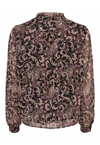 Blouse à manches longues et transparente, avec un fond noir orné de motifs cachemire en rose, crème et vert. Encolure et poignets froncés.