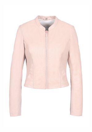 Chaqueta de cuero rosa claro con un escote redondo y cierre de cremallera en la parte delantera. Cuenta con mangas largas y un diseño ajustado. Textura suave.