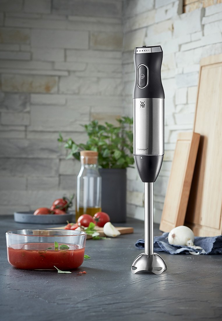 Mixeur plongeant en acier inoxydable avec une poignée en plastique noir, une tige de mélange et une base circulaire, à côté d'un bol de sauce tomate et de légumes.