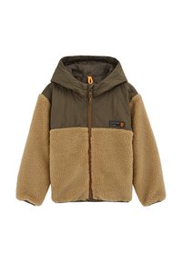 Gyapjúbéléses kapucnis dzseki olívazöld steppelt felsőrésszel és világosbarna bolyhos ujjakkal. Narancssárga cipzárral és mellkasi címkével ellátva.