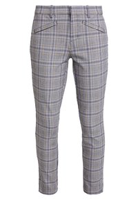 Pantalons à carreaux gris présentant un motif à fines cases avec des accents jaunes et noirs. Confectionnés dans un tissu doux, dotés de poches latérales.