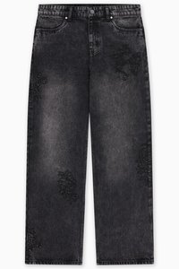 Black denim wide-leg jeans with faded texture and decorative black floral embroidery near the pockets. Metal button and standard five-pocket design.