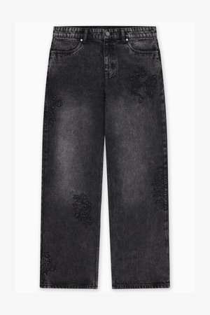 Černé široké džíny z denimu s vybledlou texturou a dekorativní černou květinovou výšivkou u kapes. Kovové zapínání na knoflík a standardní design s pěti kapsami.